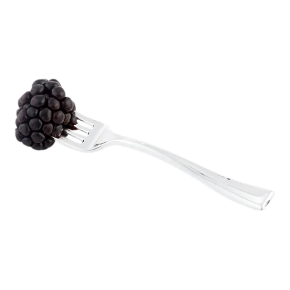 100 6 oz Square Black Plastic Large Girata Dish and 100 Silver Plastic 4" Mini Forks