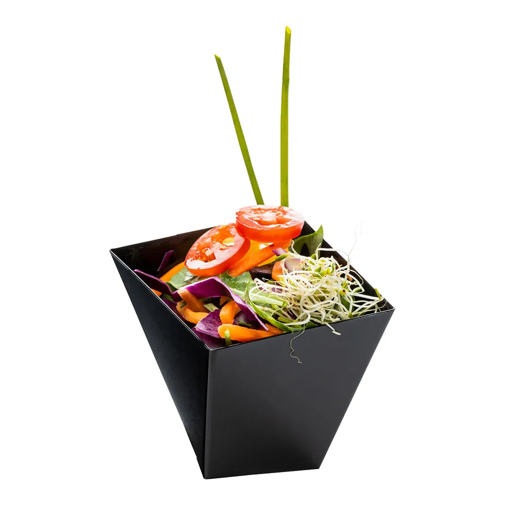 100 6 oz Square Black Plastic Large Girata Dish and 100 Silver Plastic 4" Mini Forks