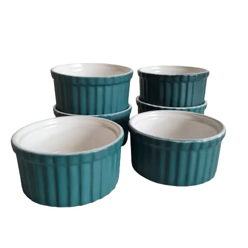 Bamby Ceramic Peacock Green And White Ramekin Bowl 150 ml Set of 6 for Baking or Serving Individual Portion