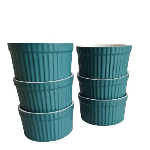Bamby Ceramic Peacock Green And White Ramekin Bowl 150 ml Set of 6 for Baking or Serving Individual Portion