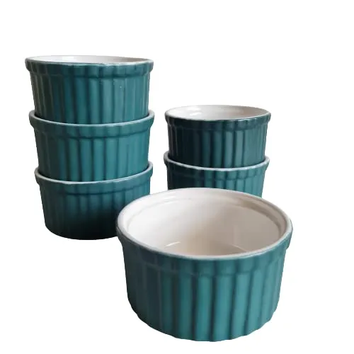 Bamby Ceramic Peacock Green And White Ramekin Bowl 150 ml Set of 6 for Baking or Serving Individual Portion