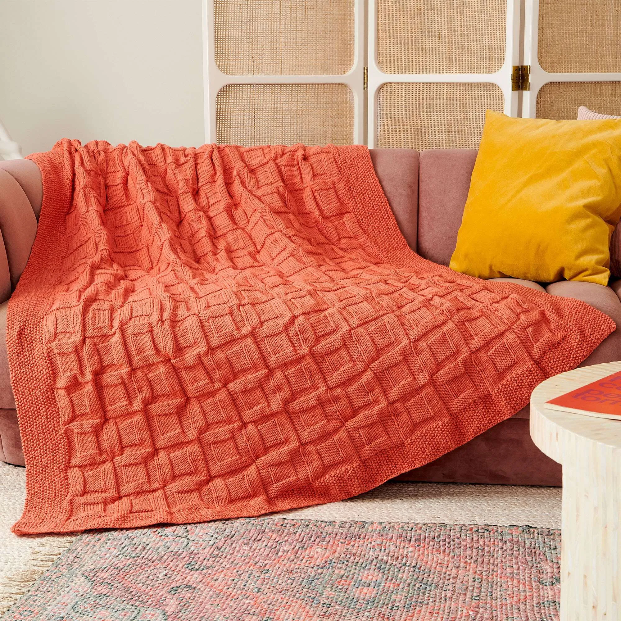 Caron Textured Checks Knit Blanket