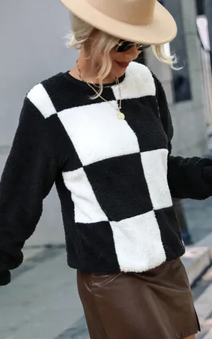 Colorblock Round Neck Plaid Sweatshirt