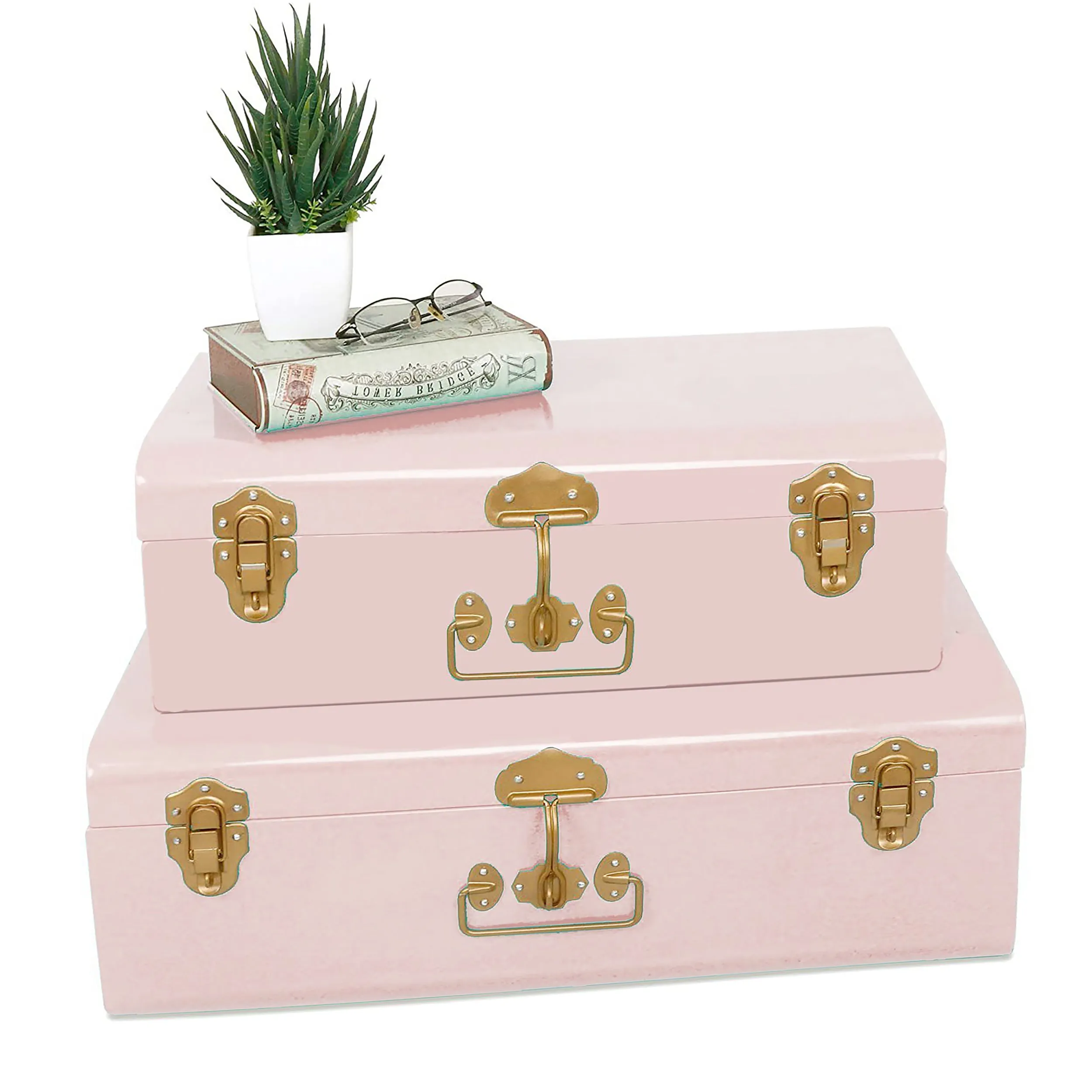 Elan Vintage Metal Buxa Trunk, Set Of 2 (Powder Pink With Gold Accesories)