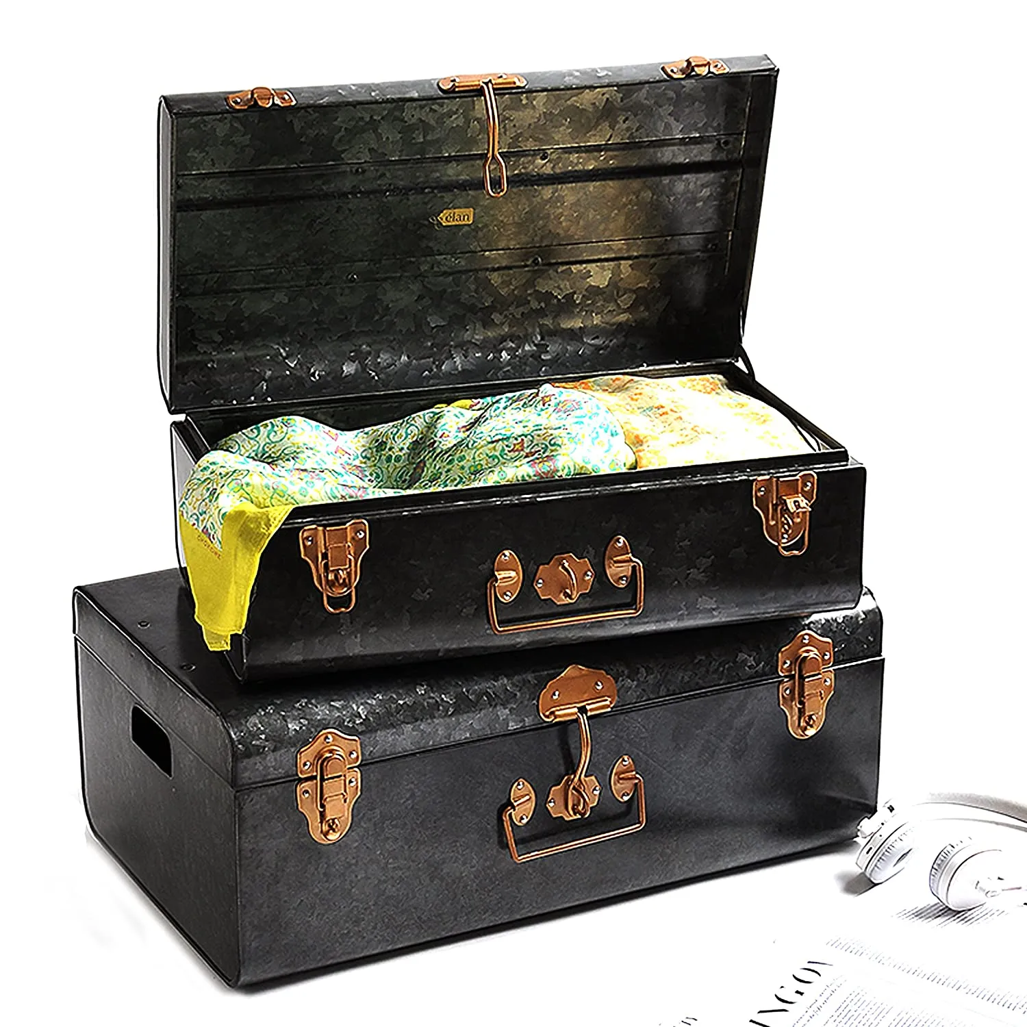 Elan Vintage Style Buxa Metal Trunk Set Of 2, Storage Chest (Antique Black)