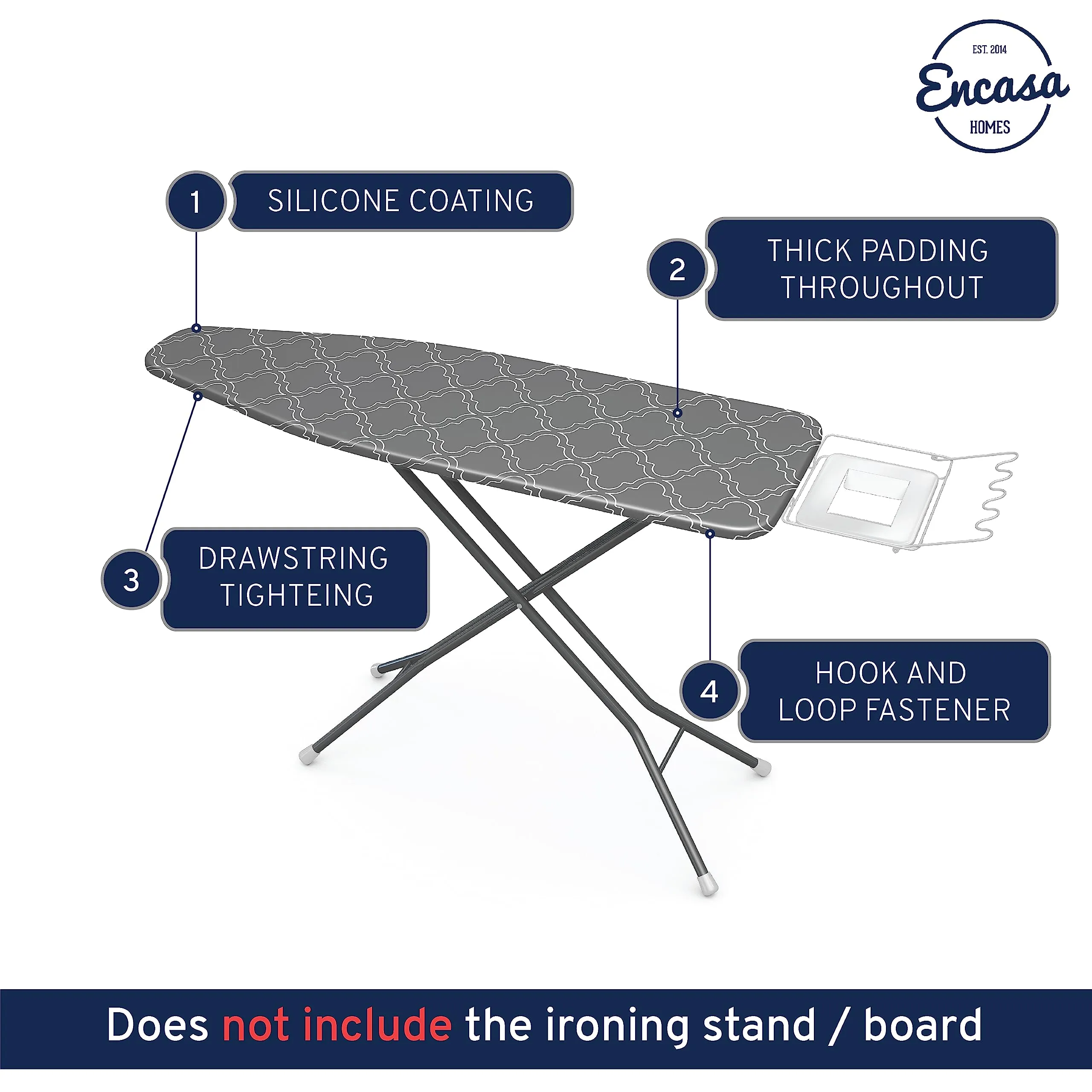 Encasa Homes Ironing Board Cover with 3mm Thick Felt Pad for Steam Press (Fits Standard Large Boards of 125x39 cm) Heat Reflective, Scorch & Stain Resistant, Printed - Grey Tiles
