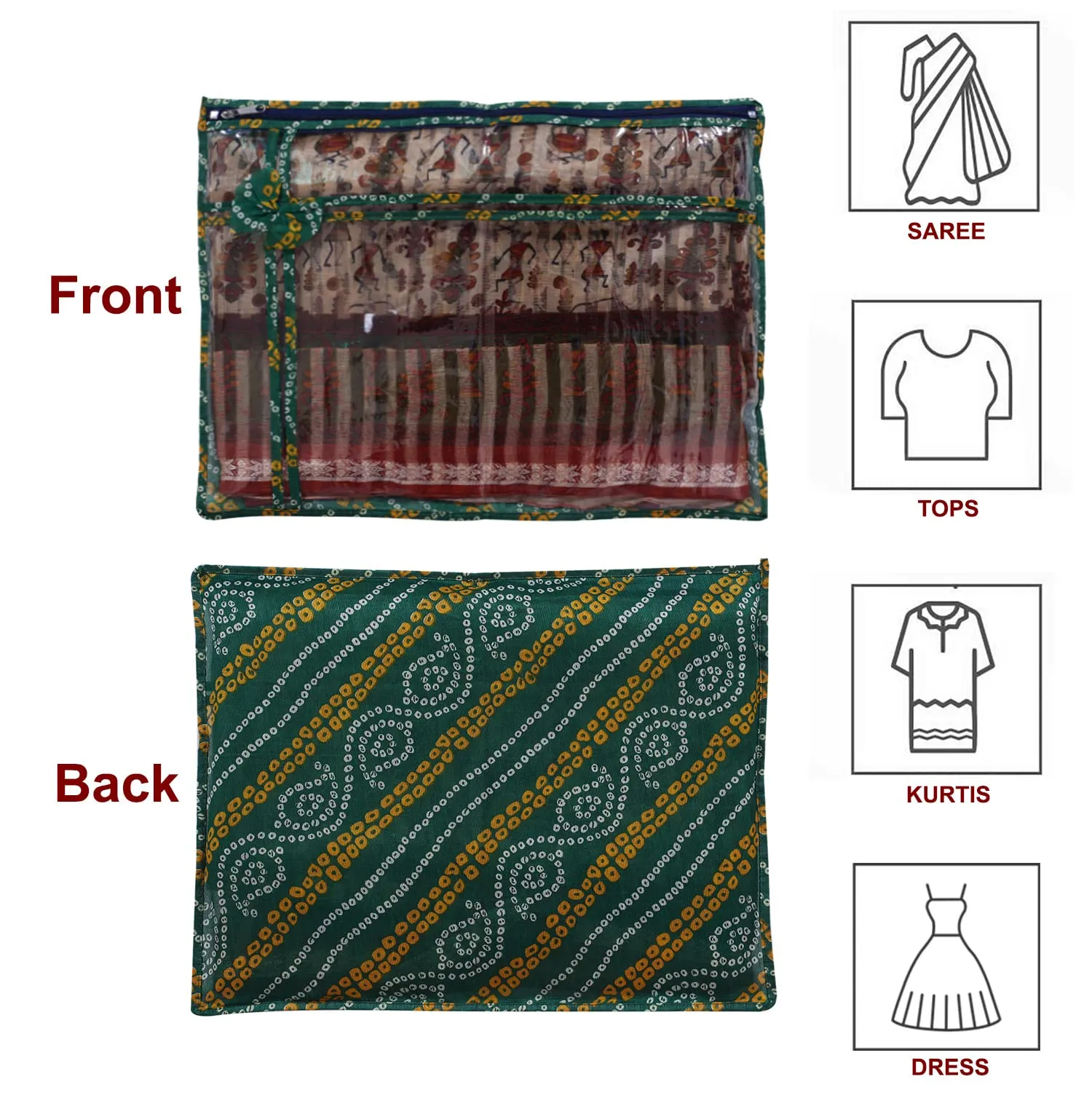 Heart Home Bandhani Print PVC Foldable Single Saree Cover|Clothes Storage For Saree, Lehenga, Suit With Transparent Pack of 6 (Yellow & Green)