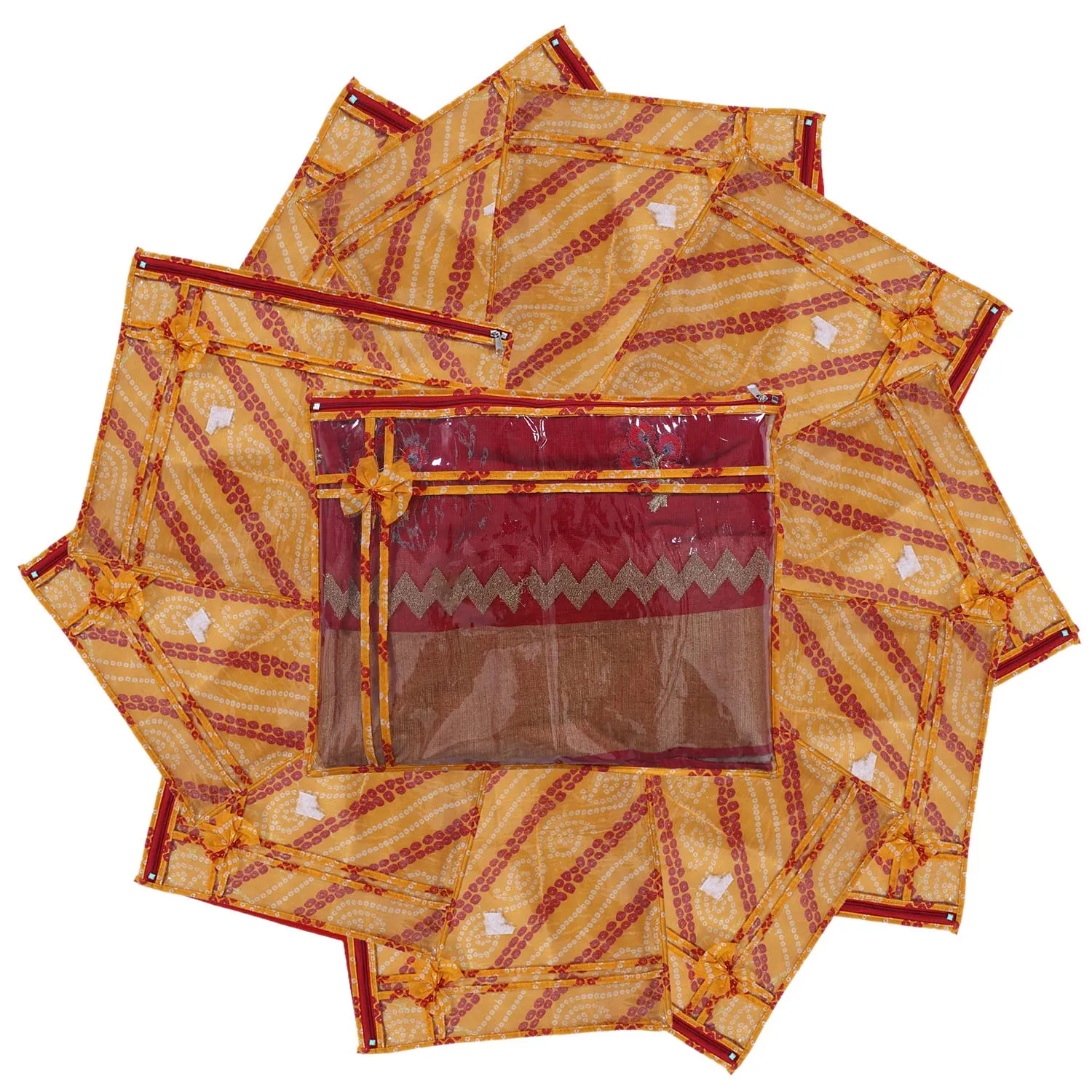 Heart Home Bandhani Print PVC Foldable Single Saree Cover|Clothes Storage For Saree, Lehenga, Suit With Transparent Pack of 6 (Yellow & Green)