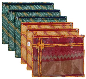 Heart Home Bandhani Print PVC Foldable Single Saree Cover|Clothes Storage For Saree, Lehenga, Suit With Transparent Pack of 6 (Yellow & Green)
