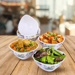 Kuber Industries Shatter Resistant Melamine White Bowls Set of 6 | Lightweight, BPA Free Aesthetic Bowl Set | Green Floral Print - White