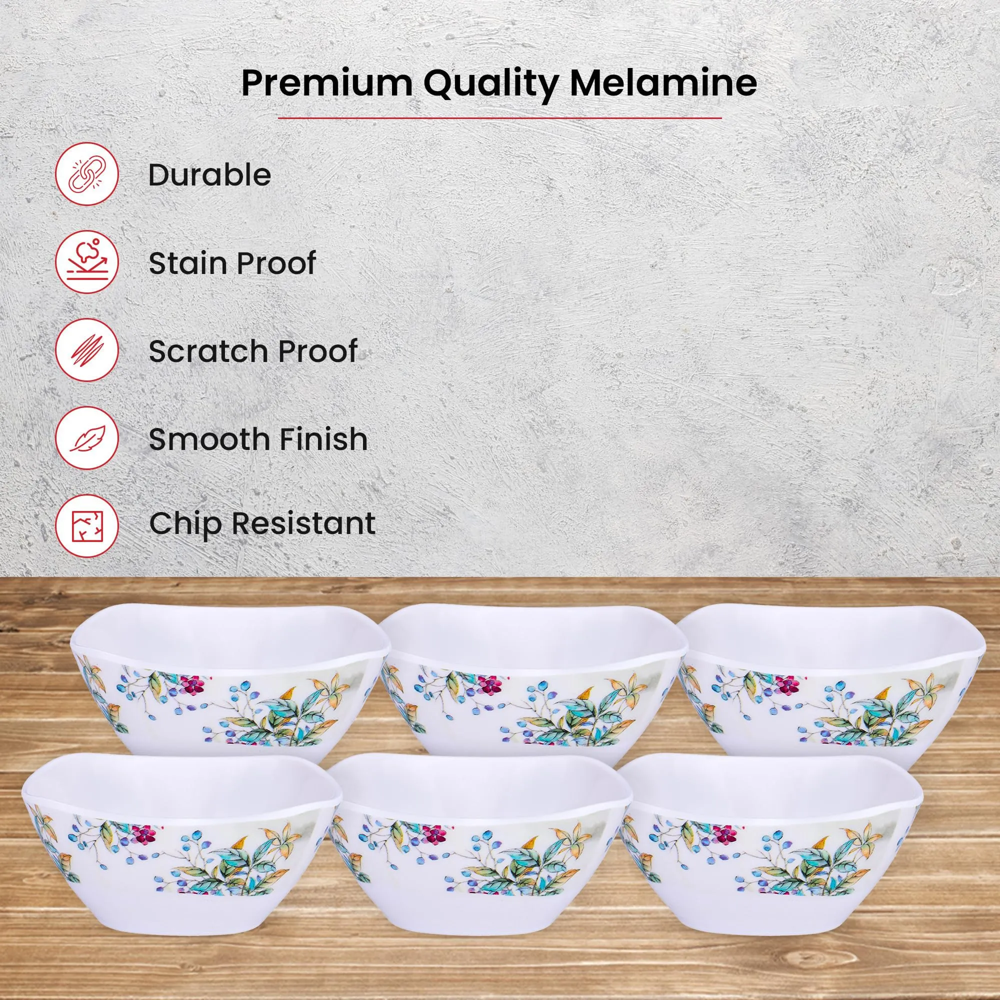 Kuber Industries Shatter Resistant Melamine White Bowls Set of 6 | Lightweight, BPA Free Aesthetic Bowl Set | Green Floral Print - White