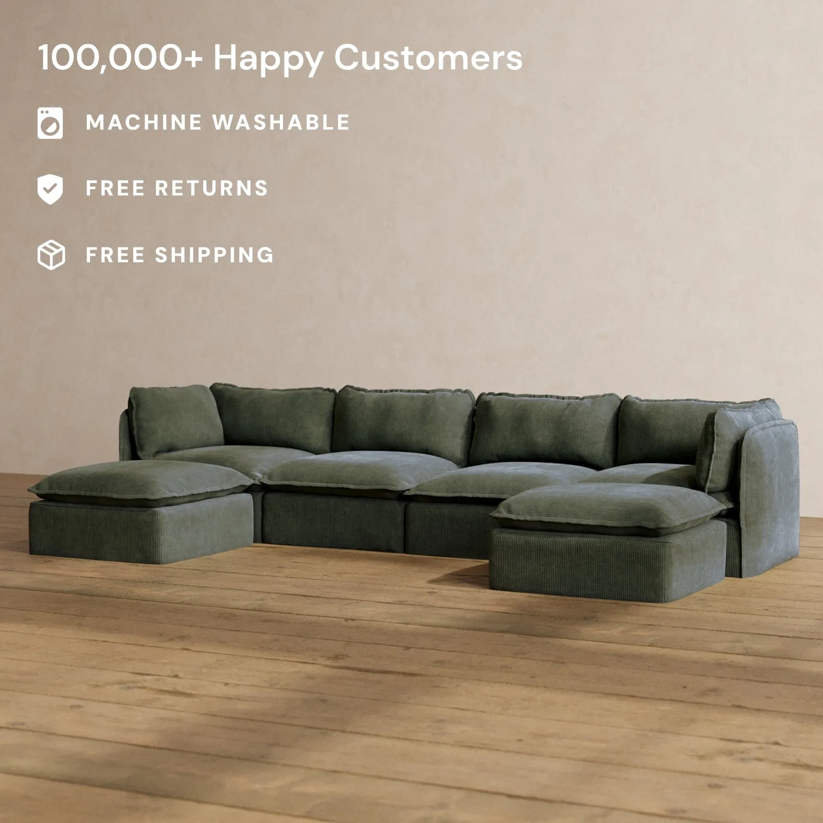 Modular Washable 4-Seater U-Sectional in Olivine | Memorix  Seat | Cloud Pillow