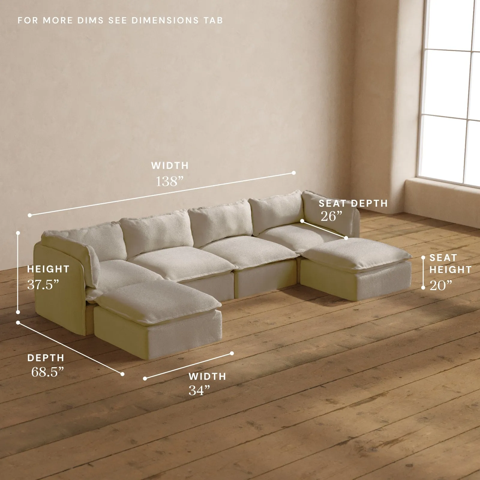 Modular Washable 4-Seater U-Sectional in Powder | Deluxe  Seat | Cloud Pillow
