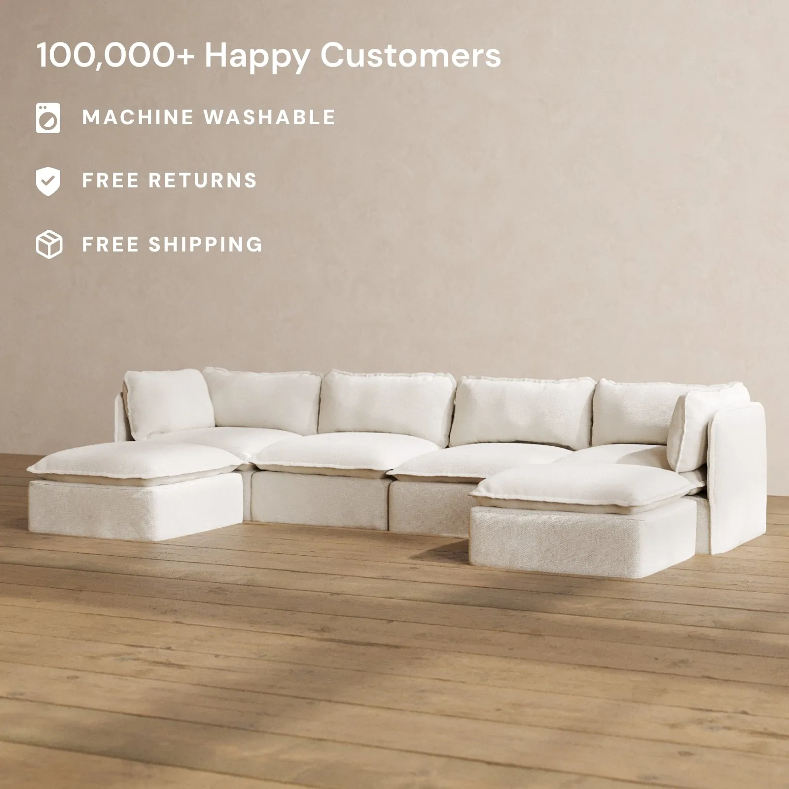 Modular Washable 4-Seater U-Sectional in Powder | Deluxe  Seat | Cloud Pillow
