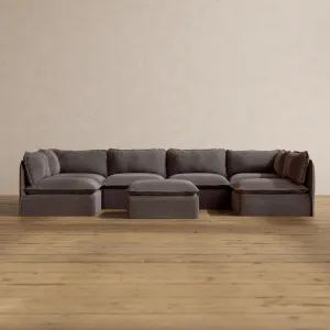 Modular Washable 6-Seater Open-Ends U-Sectional   Ottoman in Caviar | Deluxe  Seat | Cloud Pillow