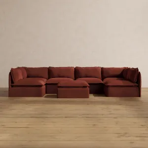 Modular Washable 6-Seater Open-Ends U-Sectional   Ottoman in Rust | Memorix  Seat | Cloud Pillow