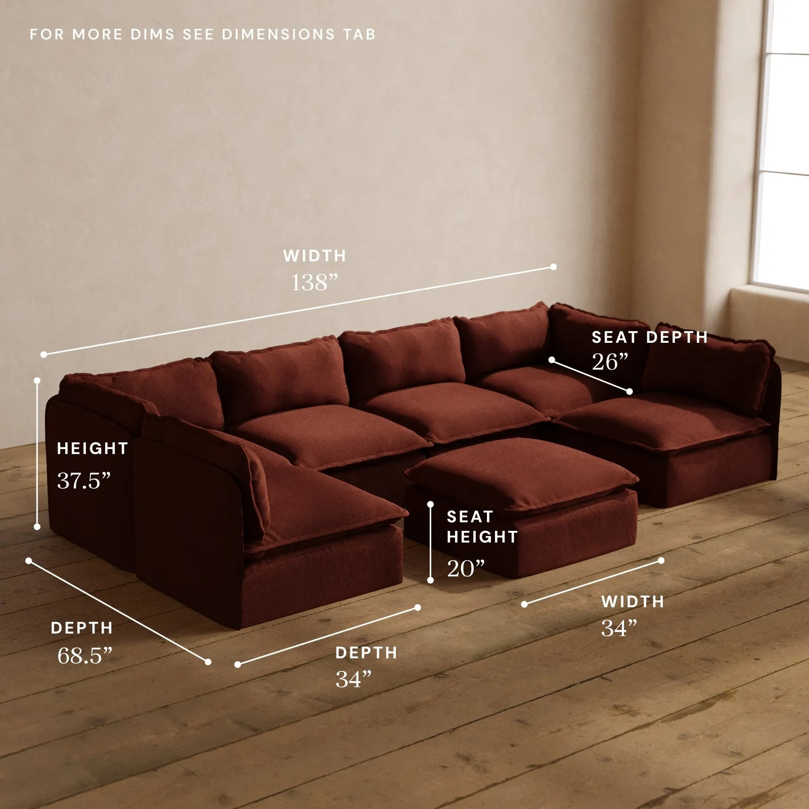 Modular Washable 6-Seater Open-Ends U-Sectional   Ottoman in Rust | Memorix  Seat | Cloud Pillow