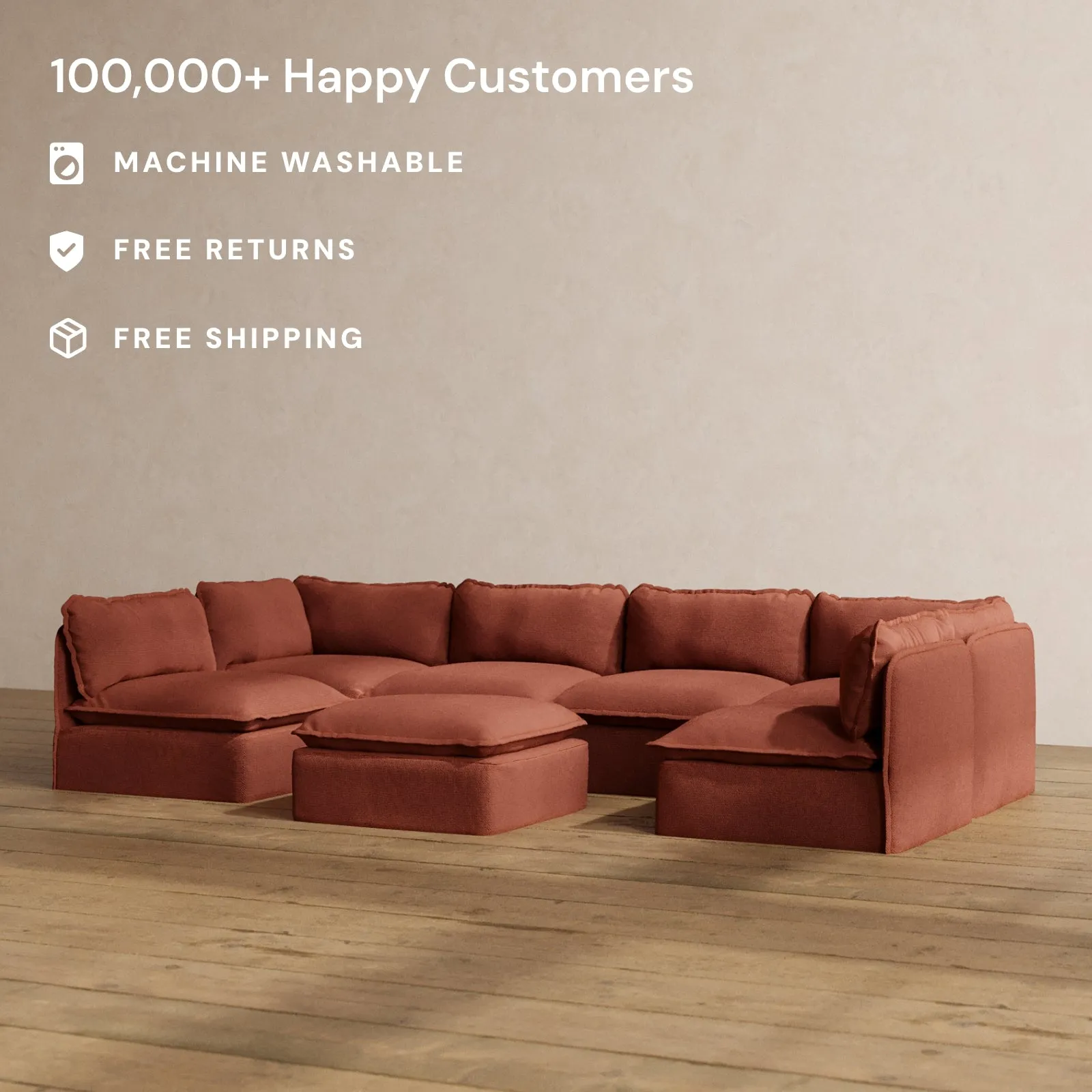 Modular Washable 6-Seater Open-Ends U-Sectional   Ottoman in Rust | Memorix  Seat | Cloud Pillow