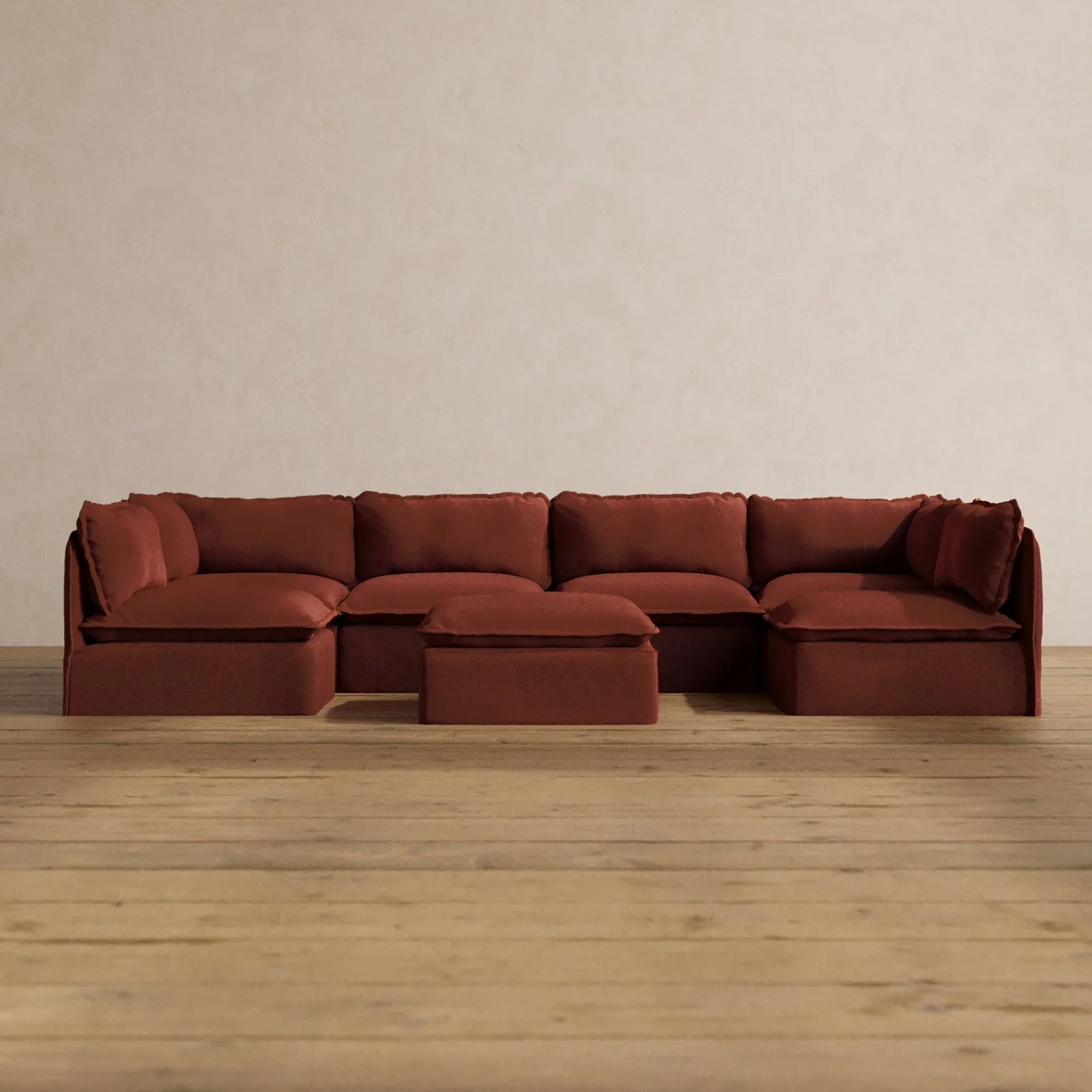 Modular Washable 6-Seater Open-Ends U-Sectional   Ottoman in Rust | Memorix  Seat | Cloud Pillow