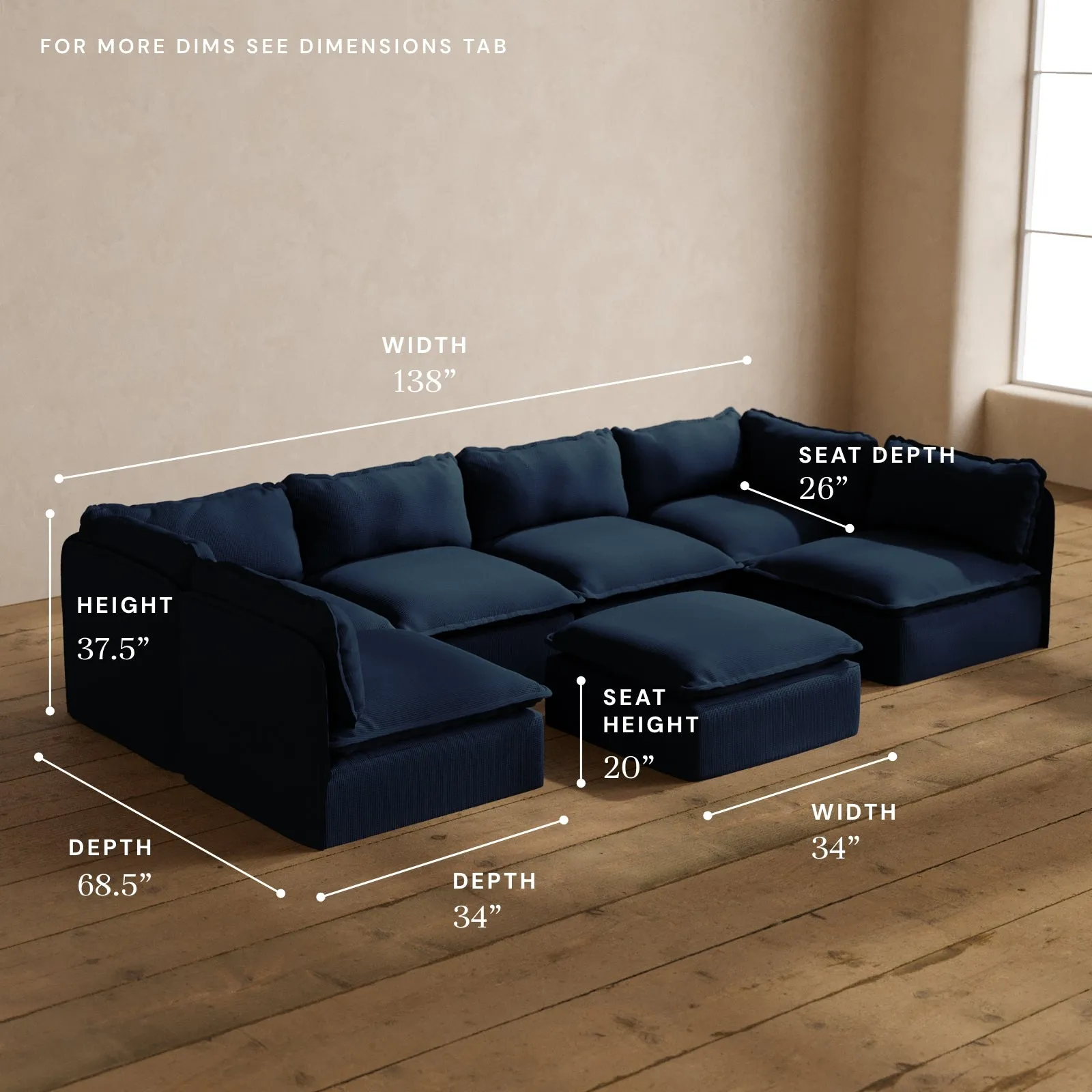 Modular Washable 6-Seater Open-Ends U-Sectional   Ottoman in Sumi | Memorix  Seat | Cloud Pillow