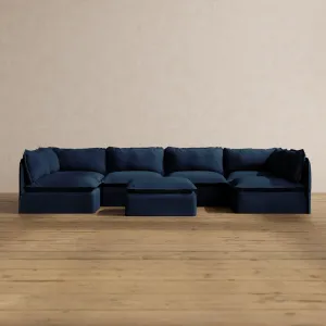 Modular Washable 6-Seater Open-Ends U-Sectional   Ottoman in Sumi | Memorix  Seat | Cloud Pillow