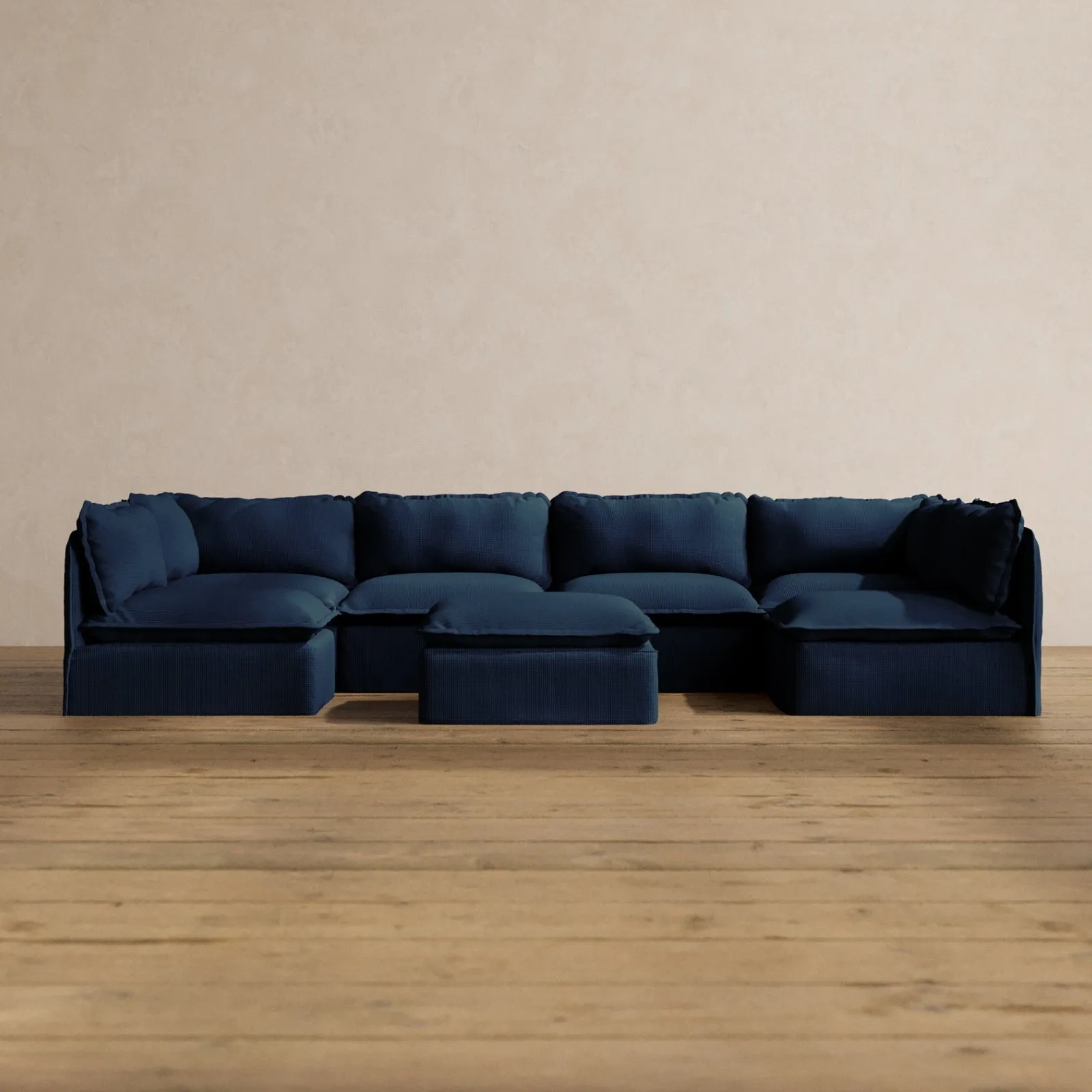 Modular Washable 6-Seater Open-Ends U-Sectional   Ottoman in Sumi | Memorix  Seat | Cloud Pillow