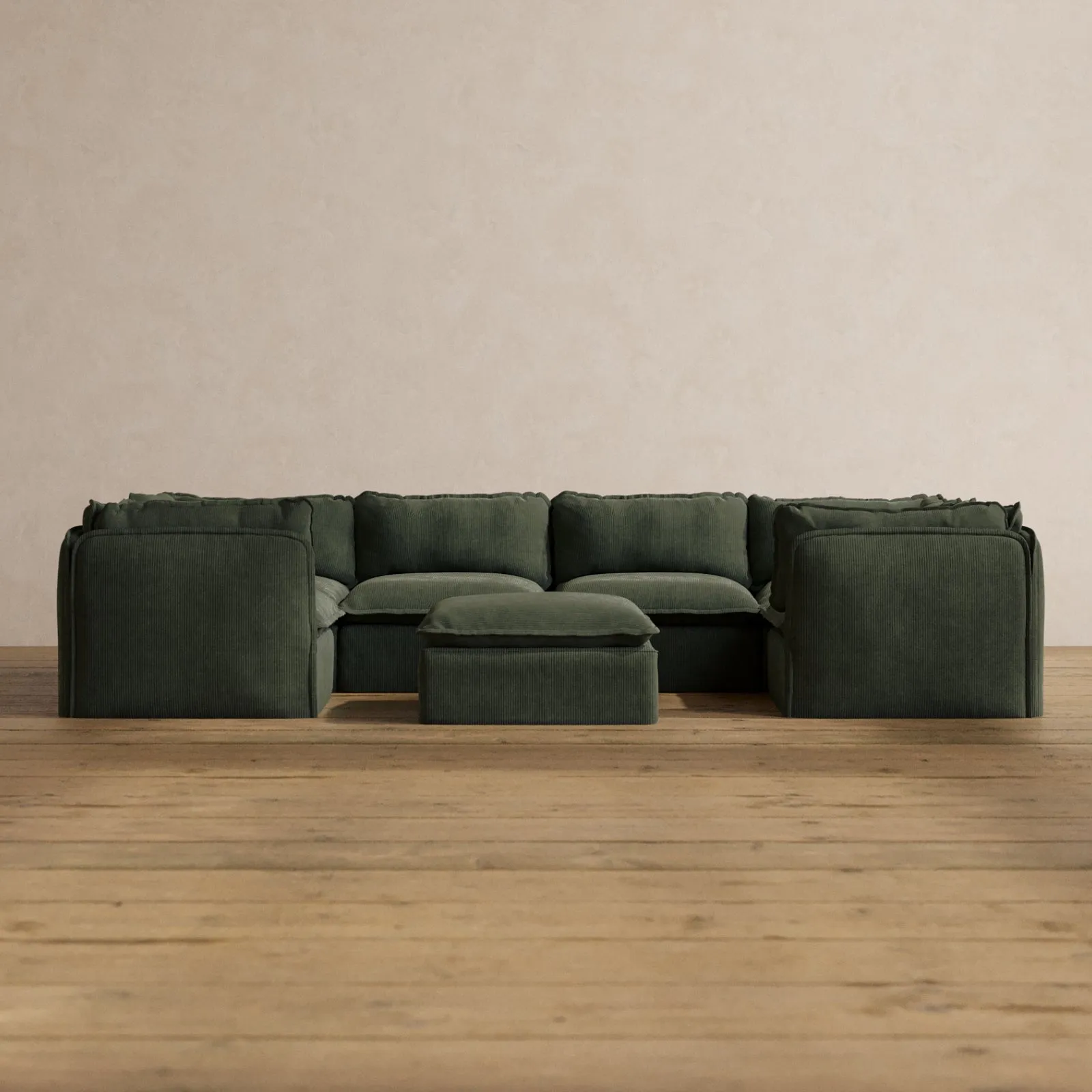 Modular Washable 6-Seater U-Sectional   Ottoman in Olivine | Memorix  Seat | Cloud Pillow