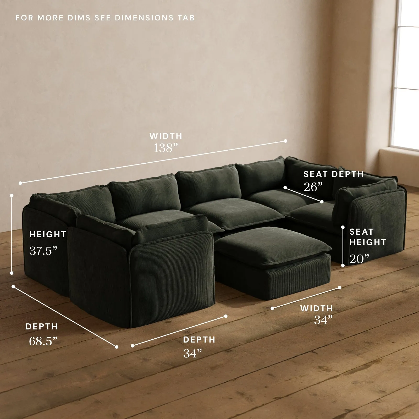 Modular Washable 6-Seater U-Sectional   Ottoman in Olivine | Memorix  Seat | Cloud Pillow