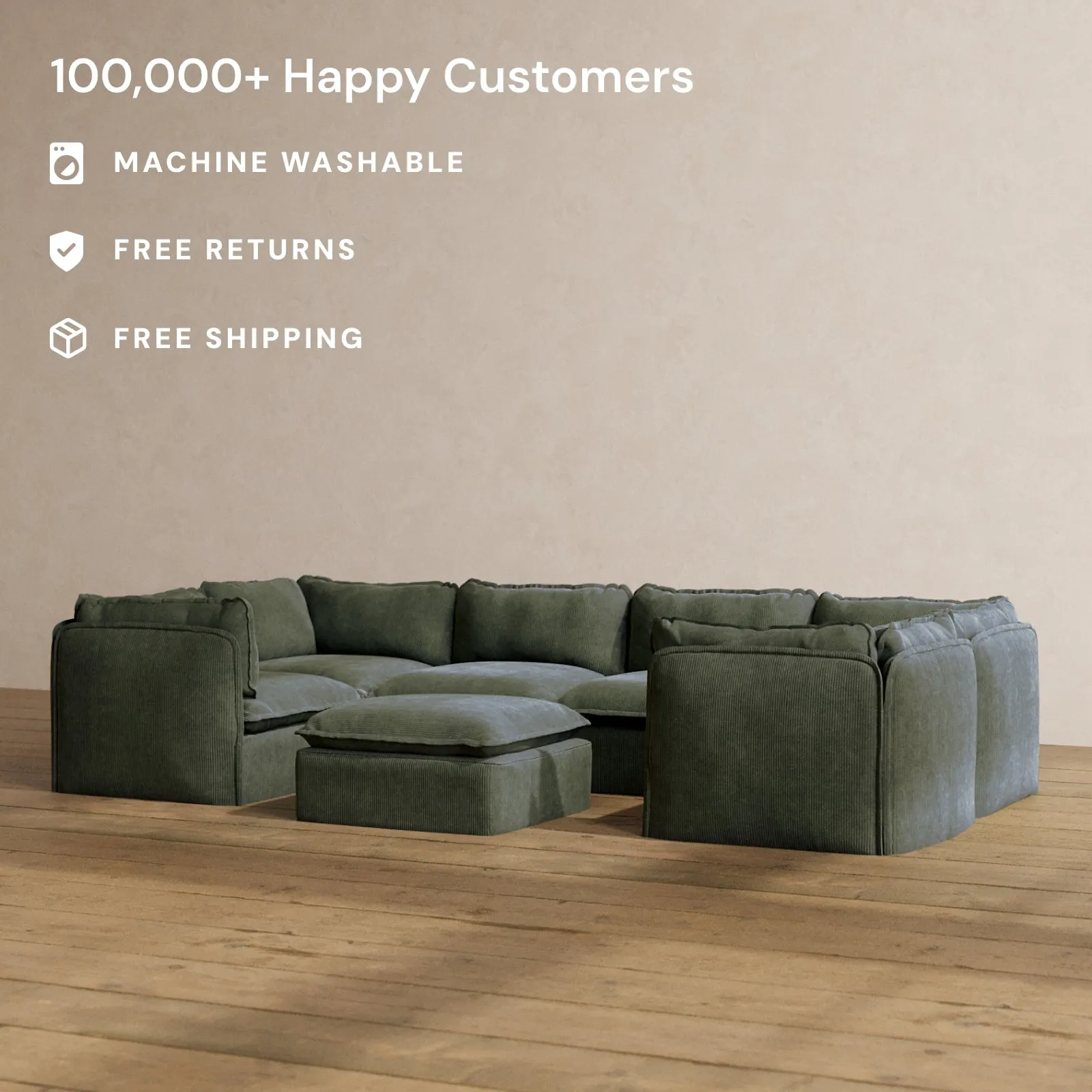 Modular Washable 6-Seater U-Sectional   Ottoman in Olivine | Memorix  Seat | Cloud Pillow