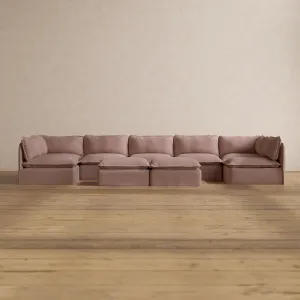 Modular Washable 7-Seater Open-Ends U-Sectional   Bench Ottoman in Sakura | Memorix  Seat | Cloud Pillow