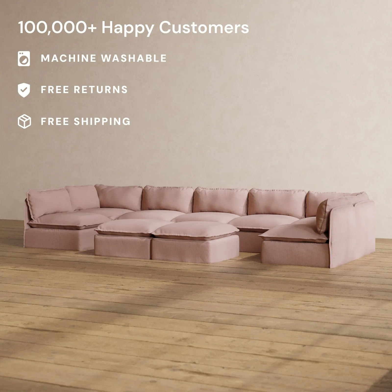 Modular Washable 7-Seater Open-Ends U-Sectional   Bench Ottoman in Sakura | Memorix  Seat | Cloud Pillow