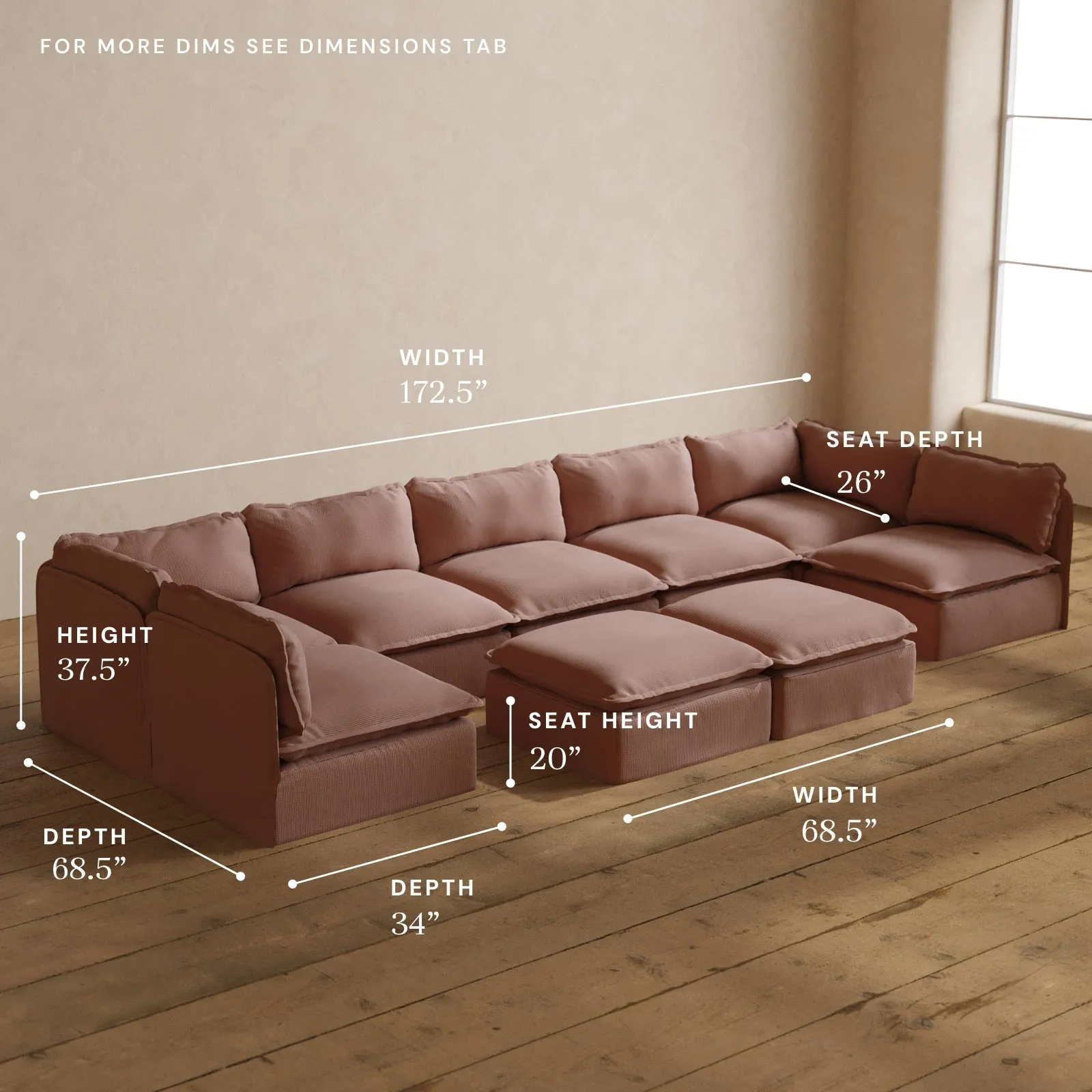 Modular Washable 7-Seater Open-Ends U-Sectional   Bench Ottoman in Sakura | Memorix  Seat | Cloud Pillow