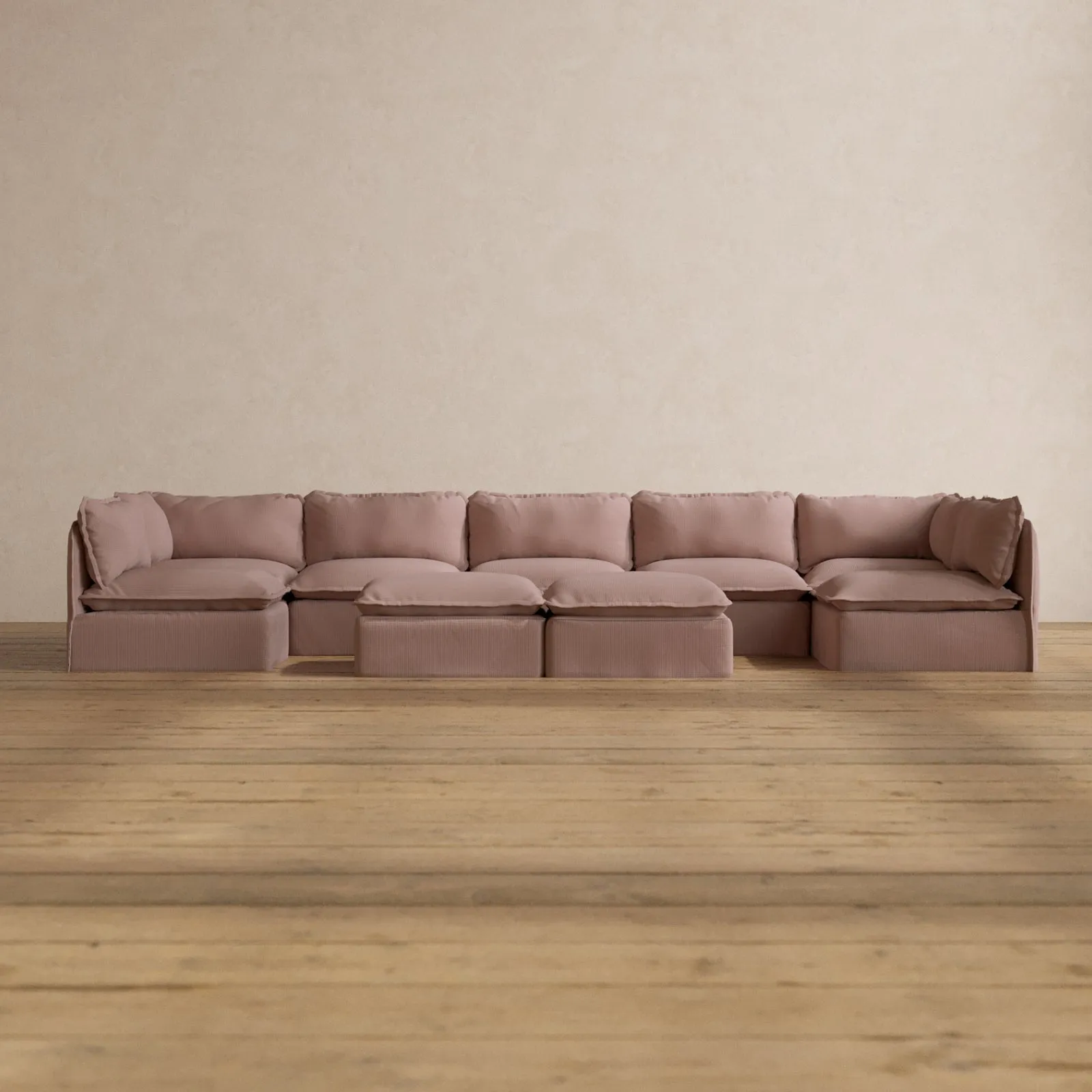 Modular Washable 7-Seater Open-Ends U-Sectional   Bench Ottoman in Sakura | Memorix  Seat | Cloud Pillow