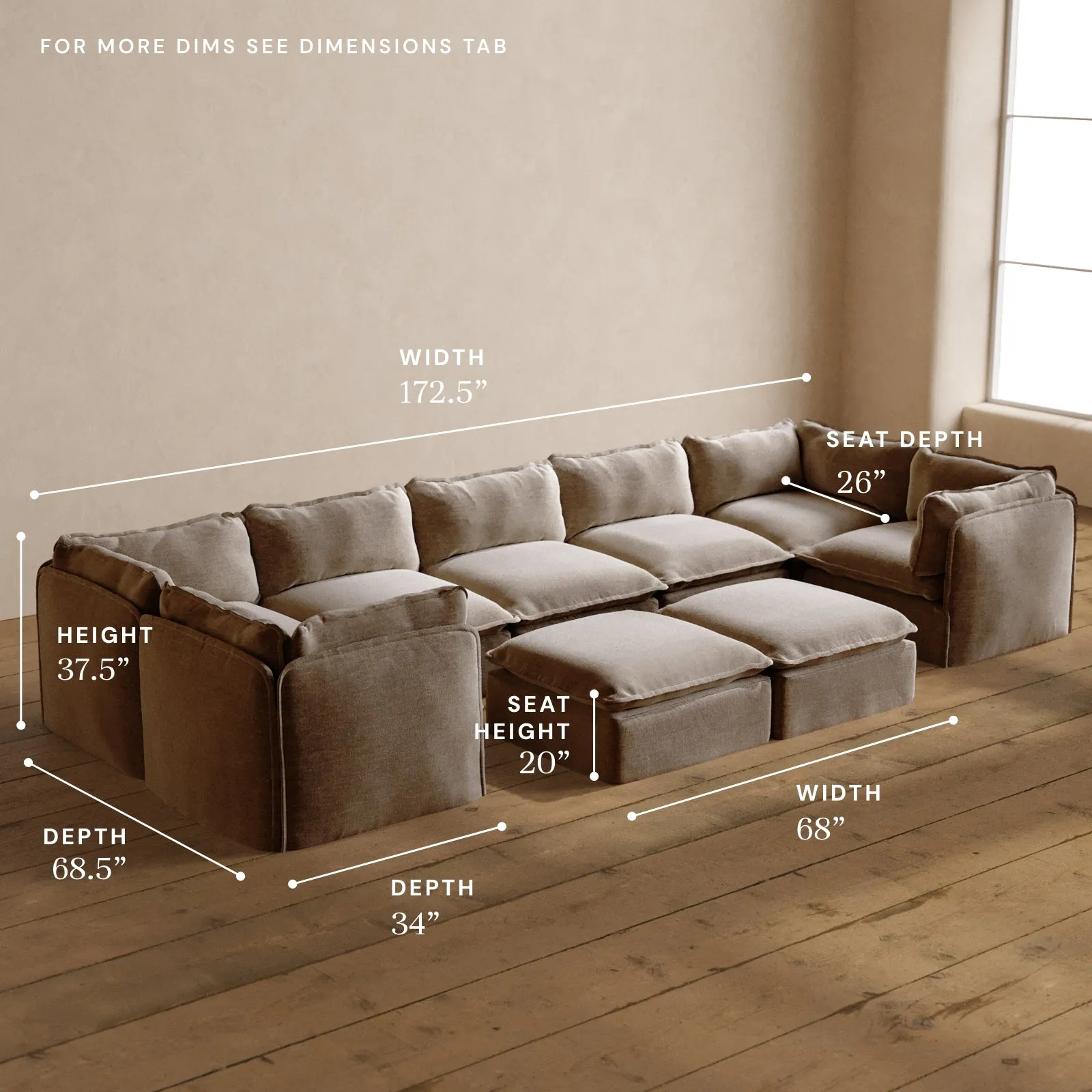 Modular Washable 7-Seater U-Sectional   Bench Ottoman in Mist | Memorix  Seat | Cloud Pillow