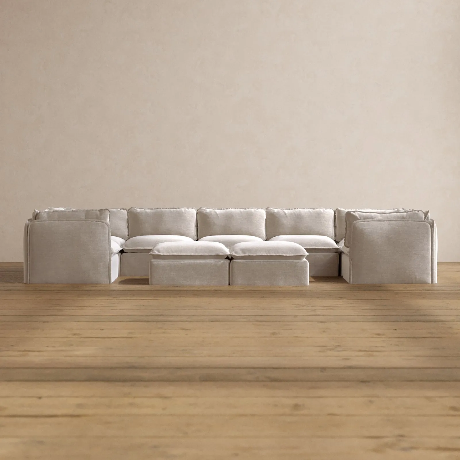 Modular Washable 7-Seater U-Sectional   Bench Ottoman in Mist | Memorix  Seat | Cloud Pillow