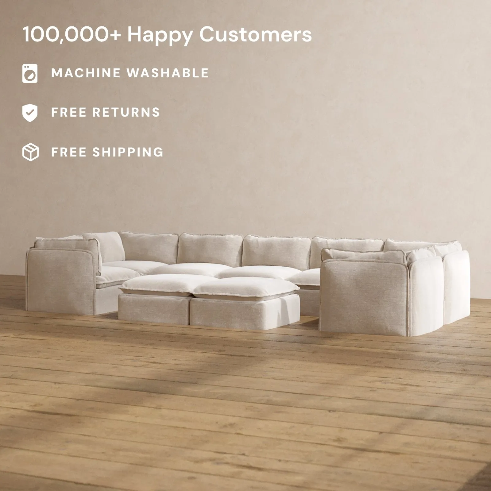 Modular Washable 7-Seater U-Sectional   Bench Ottoman in Mist | Memorix  Seat | Cloud Pillow