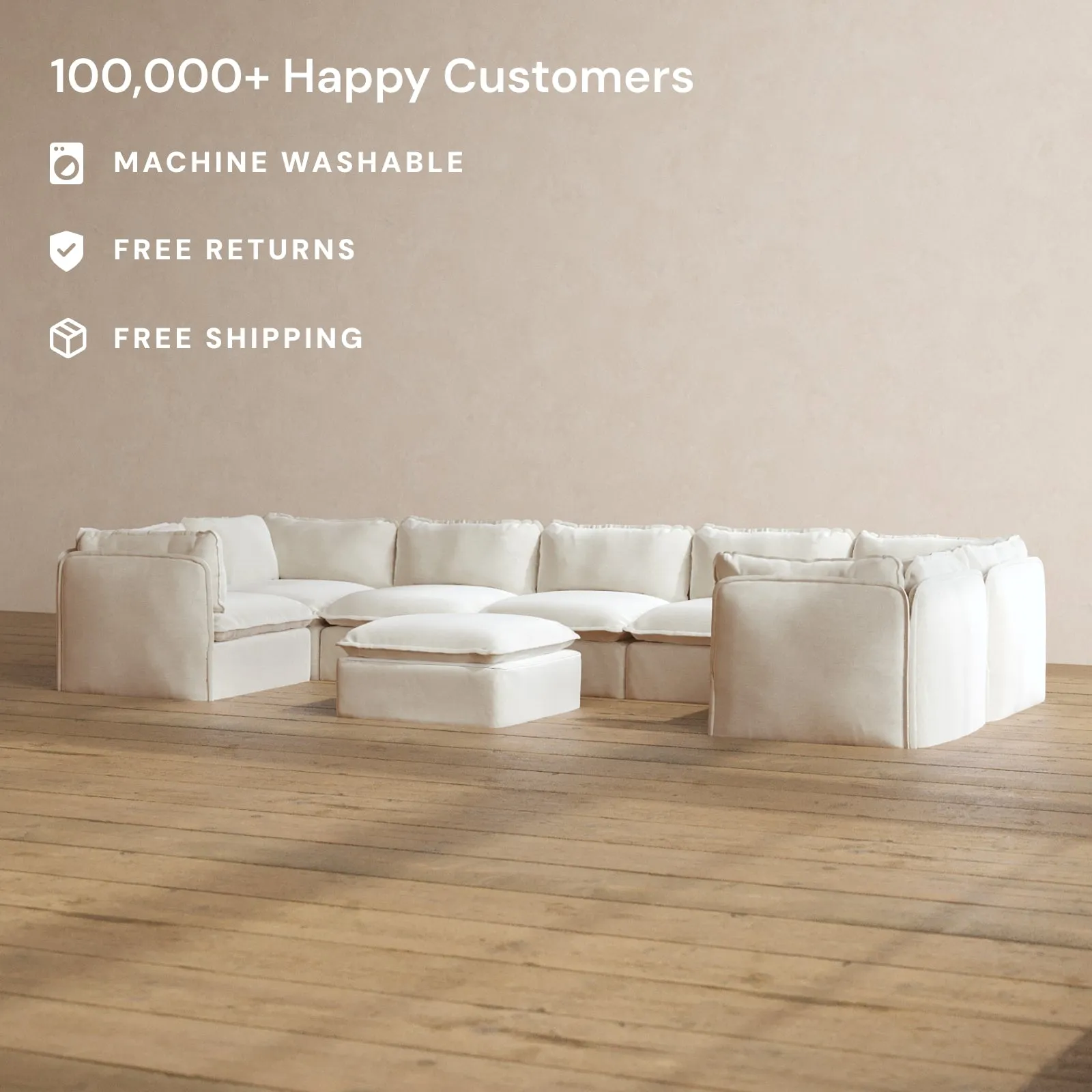 Modular Washable 7-Seater U-Sectional   Ottoman in Coco | Memorix  Seat | Cloud Pillow