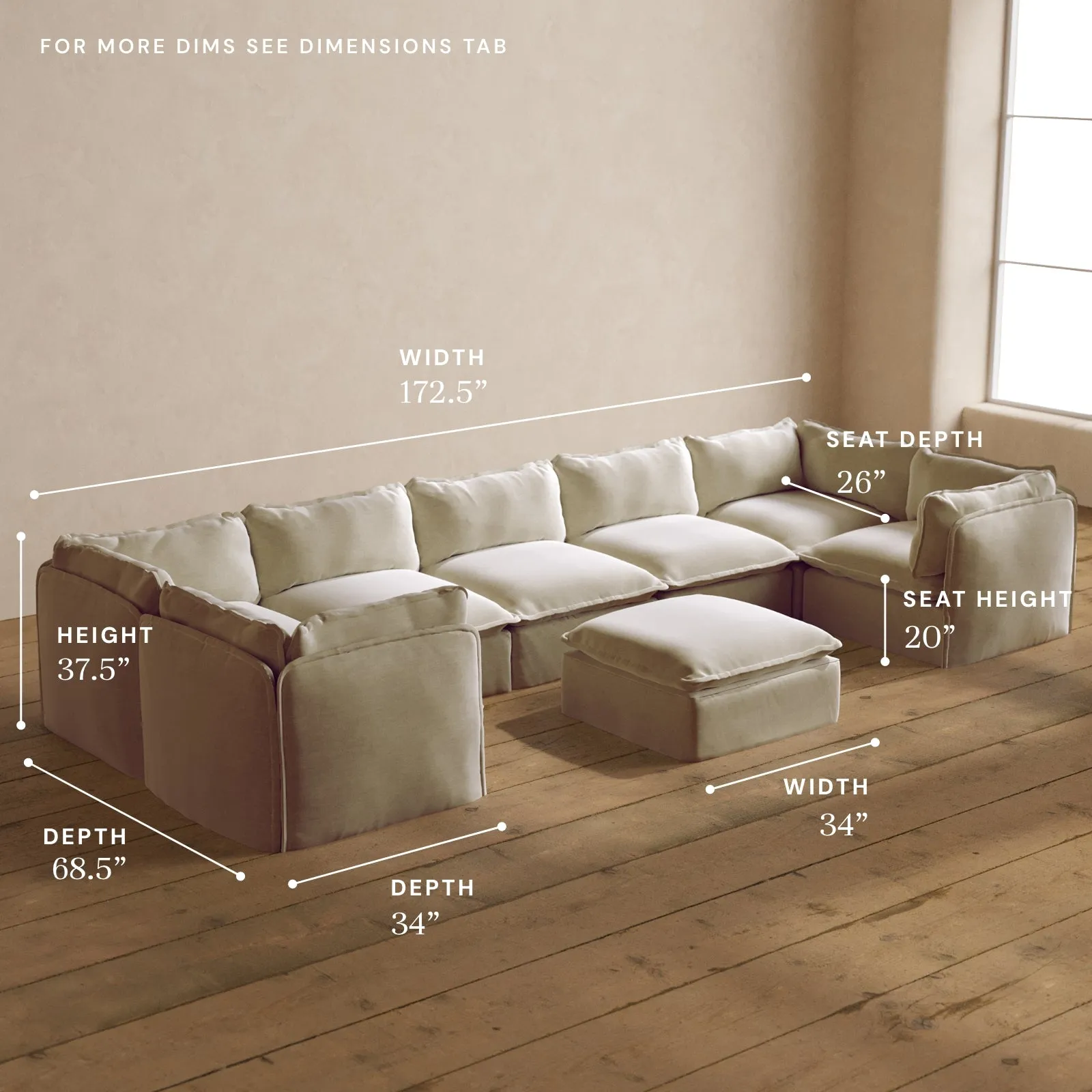 Modular Washable 7-Seater U-Sectional   Ottoman in Coco | Memorix  Seat | Cloud Pillow
