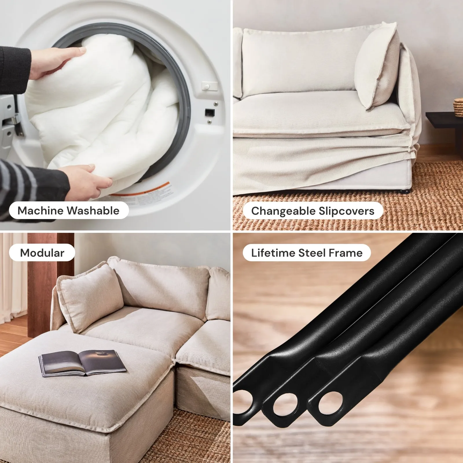 Modular Washable 7-Seater U-Sectional   Ottoman in Coco | Memorix  Seat | Cloud Pillow