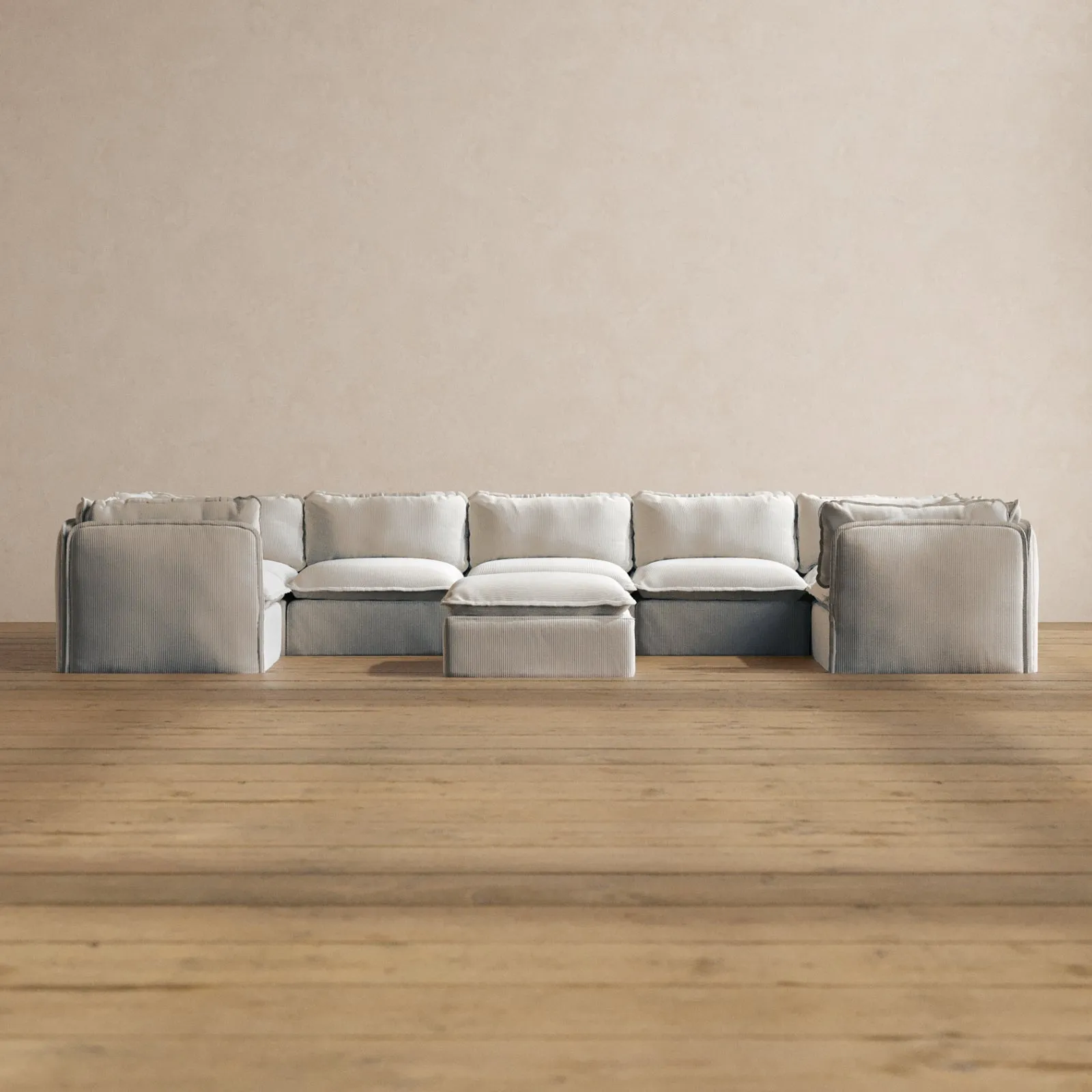 Modular Washable 7-Seater U-Sectional   Ottoman in Milk | Deluxe  Seat | Cloud Pillow