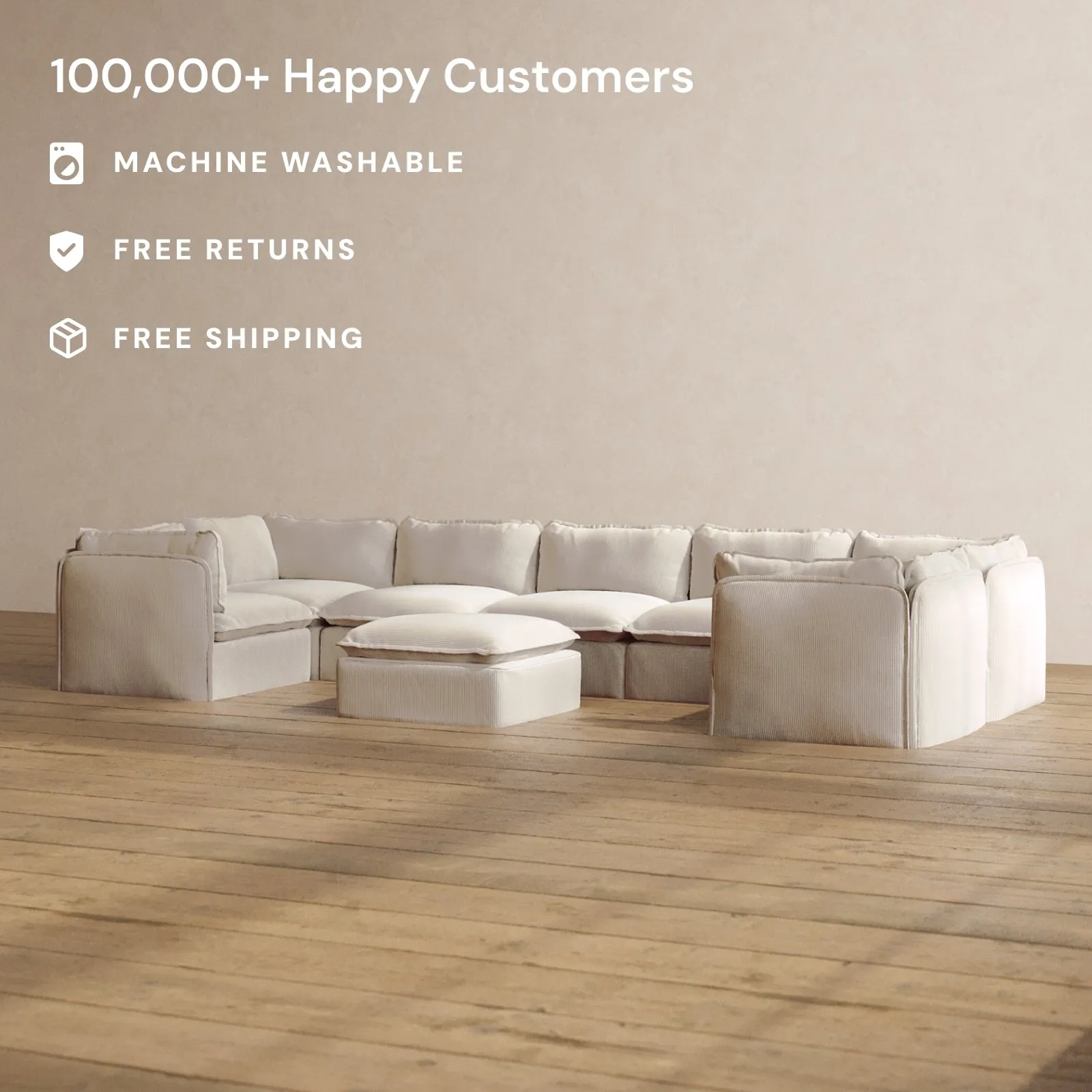Modular Washable 7-Seater U-Sectional   Ottoman in Milk | Deluxe  Seat | Cloud Pillow