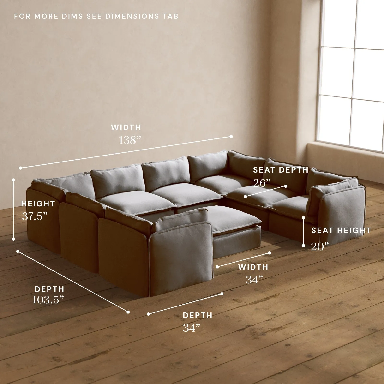 Modular Washable 8-Seater U-Sectional   Ottoman in Pumice | Memorix  Seat | Cloud Pillow