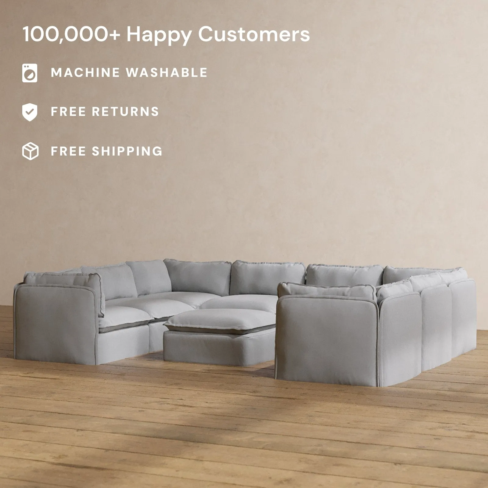 Modular Washable 8-Seater U-Sectional   Ottoman in Pumice | Memorix  Seat | Cloud Pillow