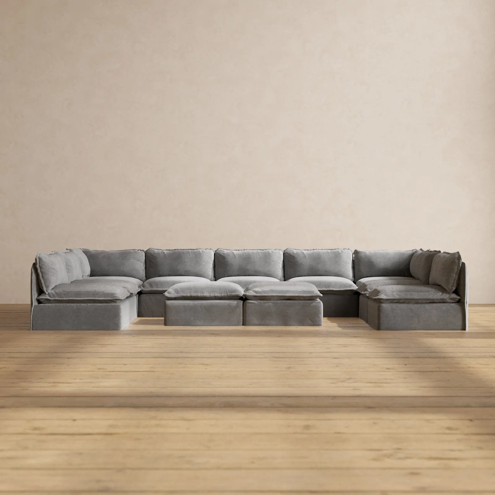 Modular Washable 9-Seater Open-Ends U-Sectional   Bench Ottoman in Ash | Deluxe  Seat | Contour Pillow