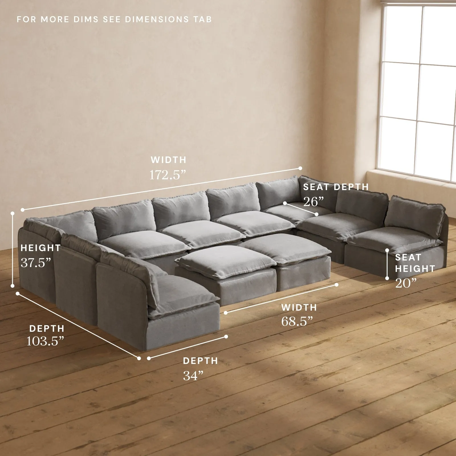 Modular Washable 9-Seater Open-Ends U-Sectional   Bench Ottoman in Ash | Deluxe  Seat | Contour Pillow