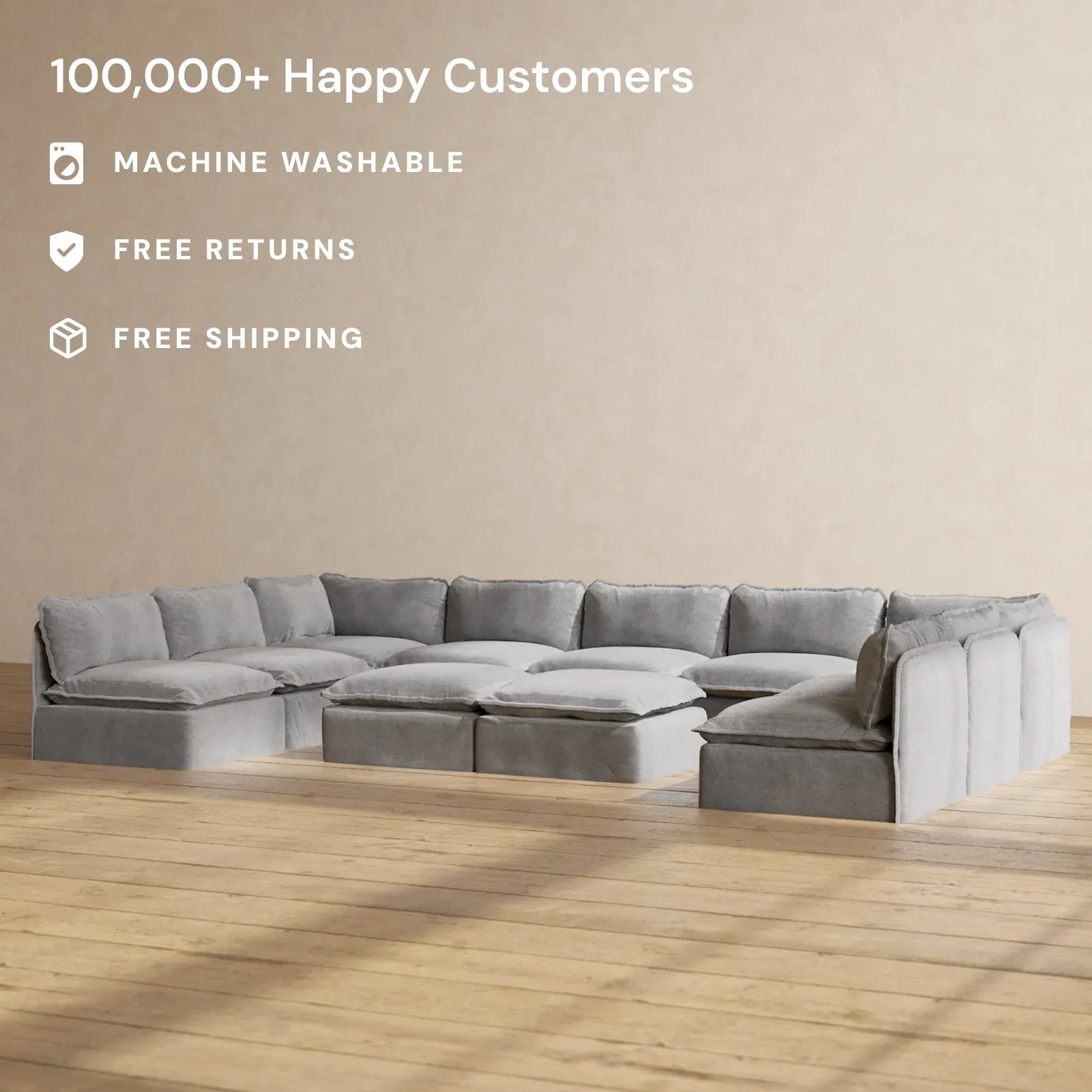 Modular Washable 9-Seater Open-Ends U-Sectional   Bench Ottoman in Ash | Deluxe  Seat | Contour Pillow