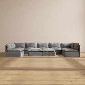 Modular Washable 9-Seater Open-Ends U-Sectional   Bench Ottoman in Ash | Deluxe  Seat | Contour Pillow