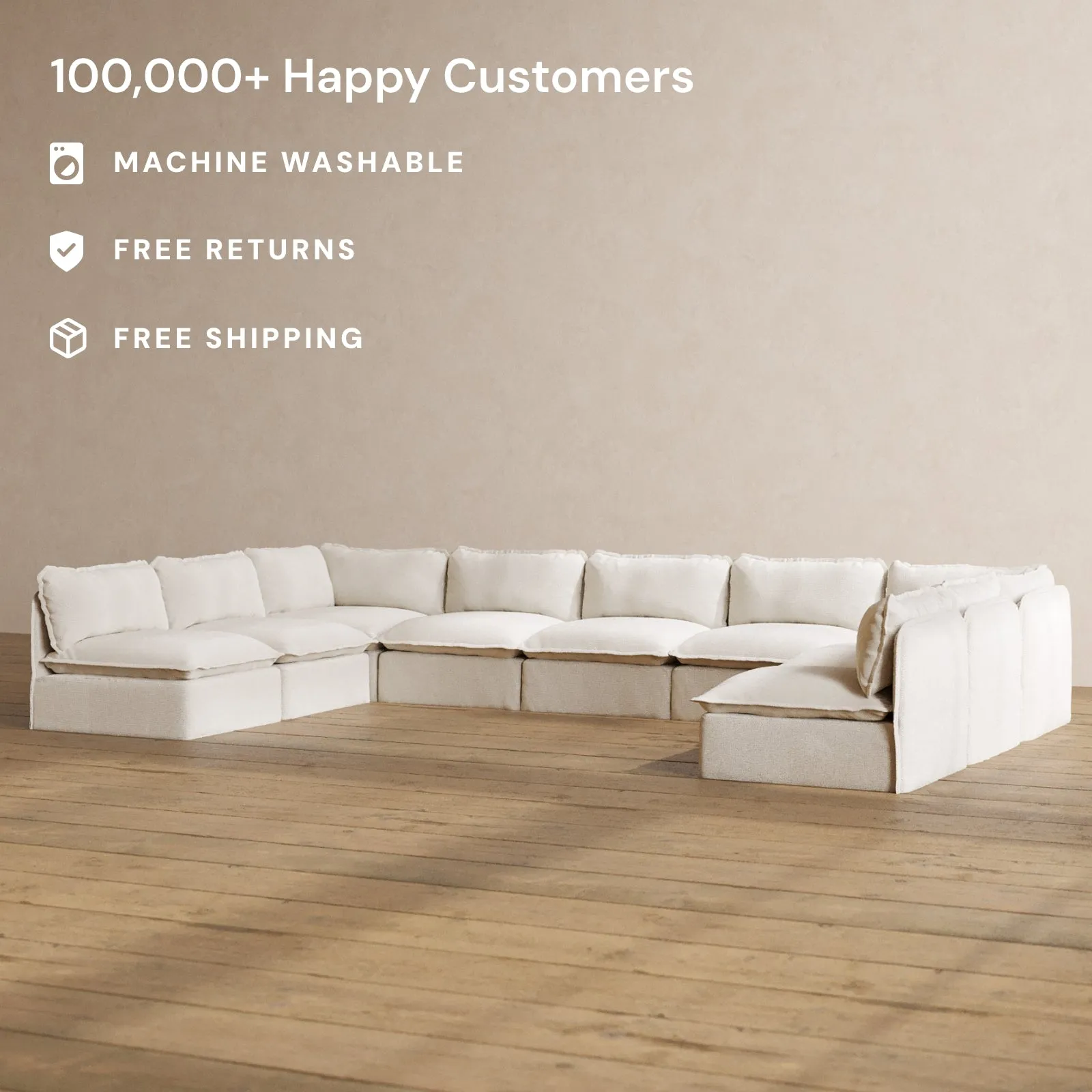Modular Washable 9-Seater Open-Ends U-Sectional in Powder | Deluxe  Seat | Cloud Pillow