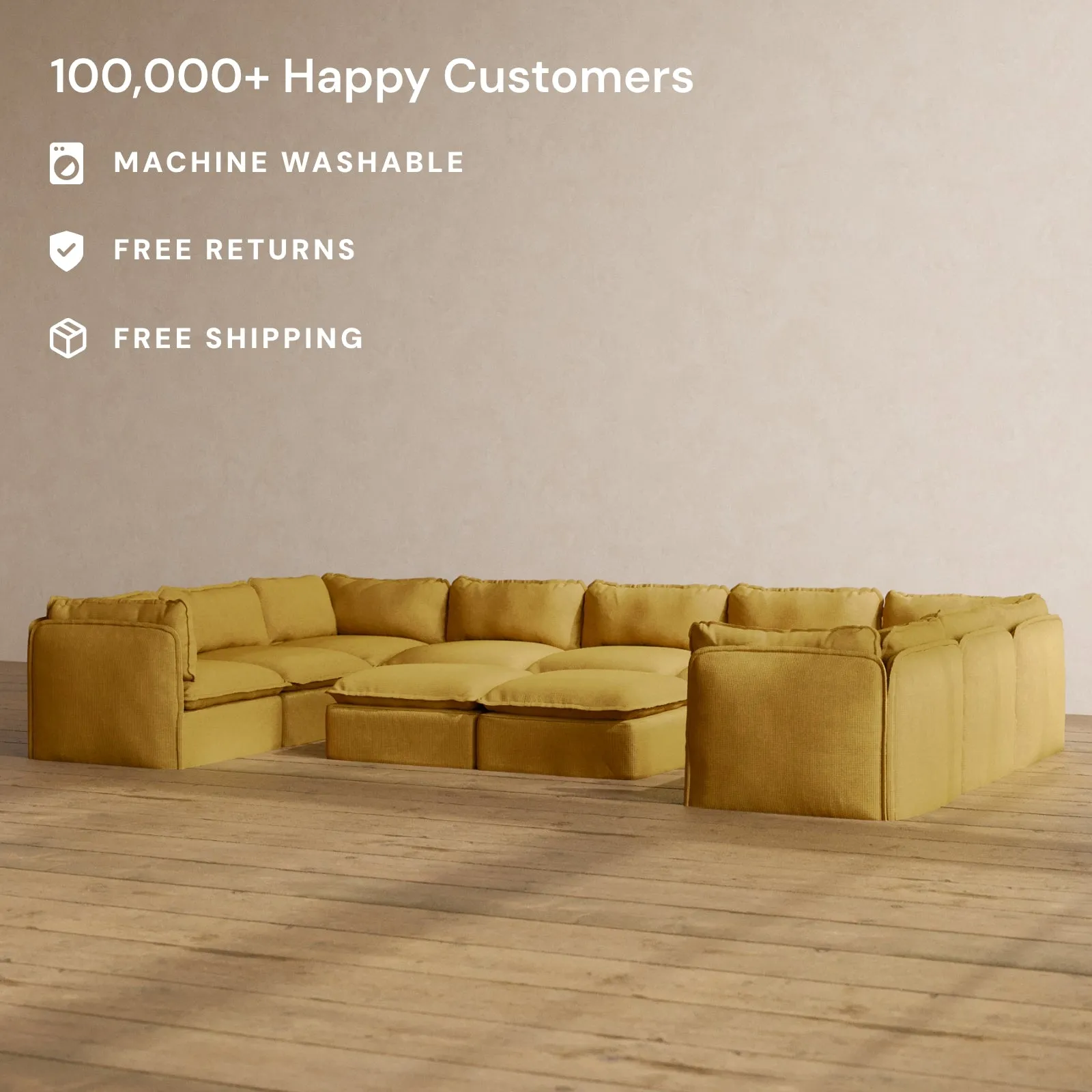 Modular Washable 9-Seater U-Sectional   Bench Ottoman in Kiiro | Deluxe  Seat | Cloud Pillow