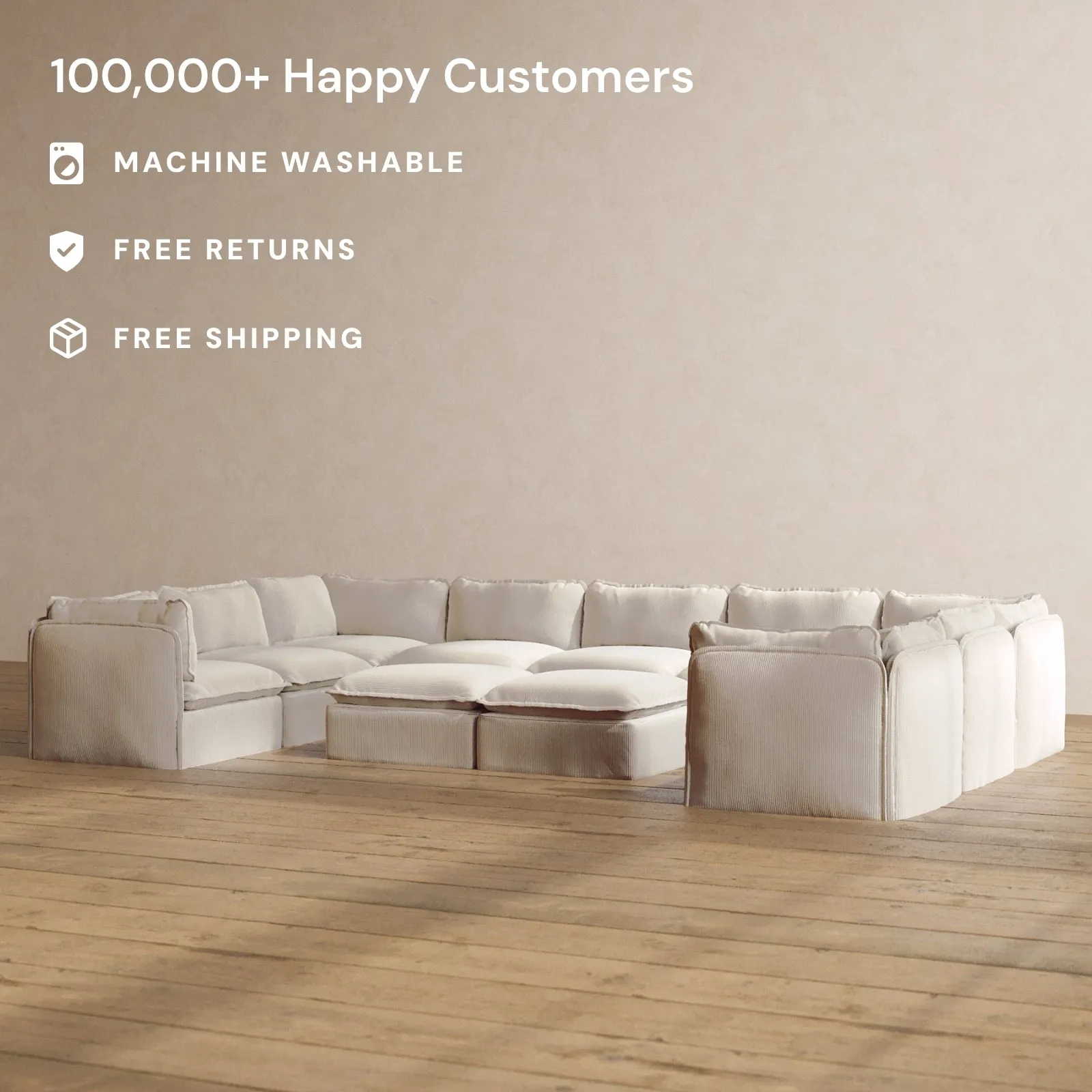 Modular Washable 9-Seater U-Sectional   Bench Ottoman in Milk | Memorix  Seat | Cloud Pillow
